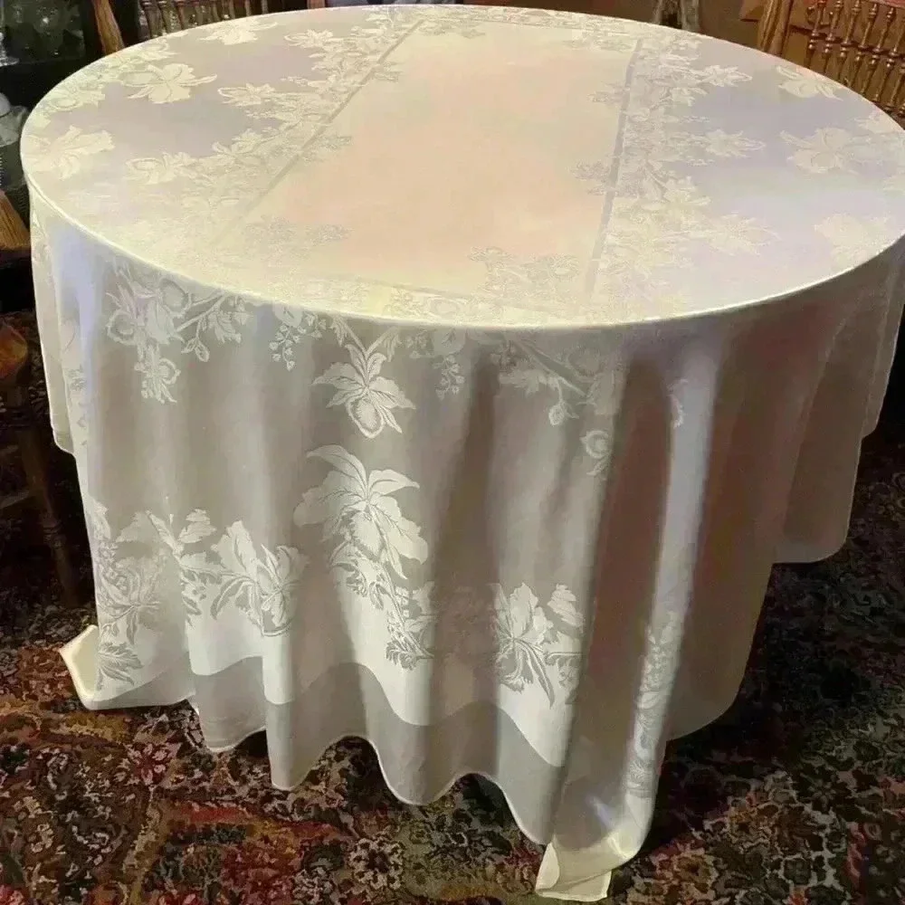 Vintage Ivory Damask Rectangular Tablecloth | Floral Jacquard Elegant Wedding